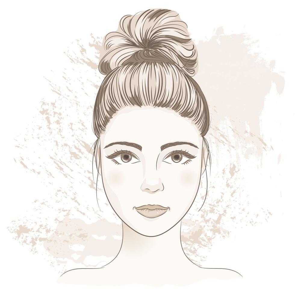 Young woman face. Digital monochrome sketch portrait of beautiful girl with fancy hair bun. vector