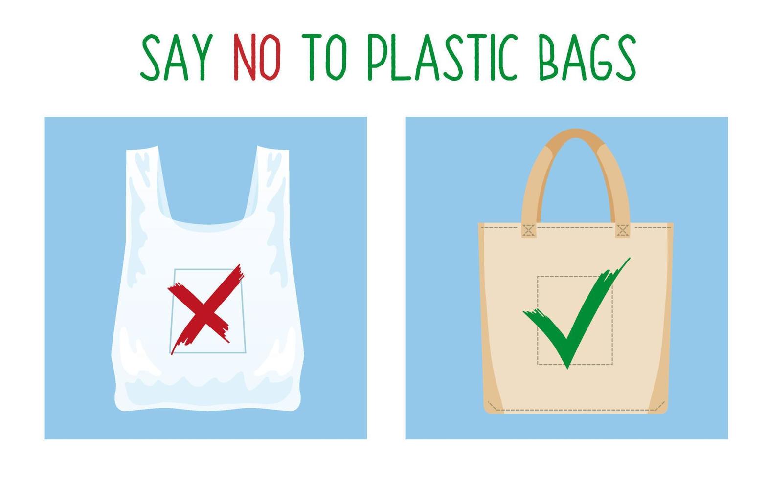 Pollution problem concept. Say no to plastic bag. Cartoon image of cellophane packet and textile bag with signage calling for stop using polythene package. Vector illustration.