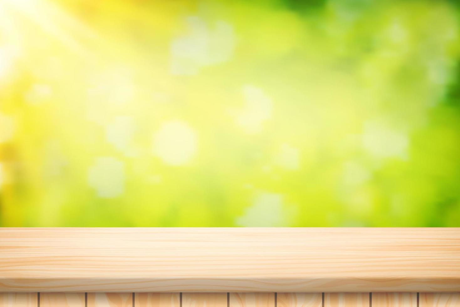 Painted Illustration Vector Wood table floor and beautiful natural green leaf abstract blurred bokeh light background