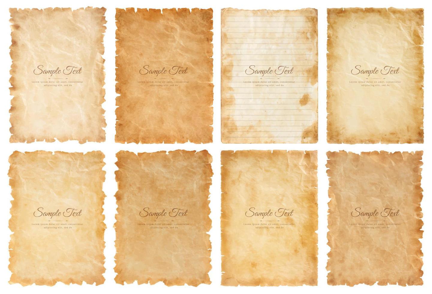 Vector collection set old parchment paper sheet vintage aged or texture isolated on white background