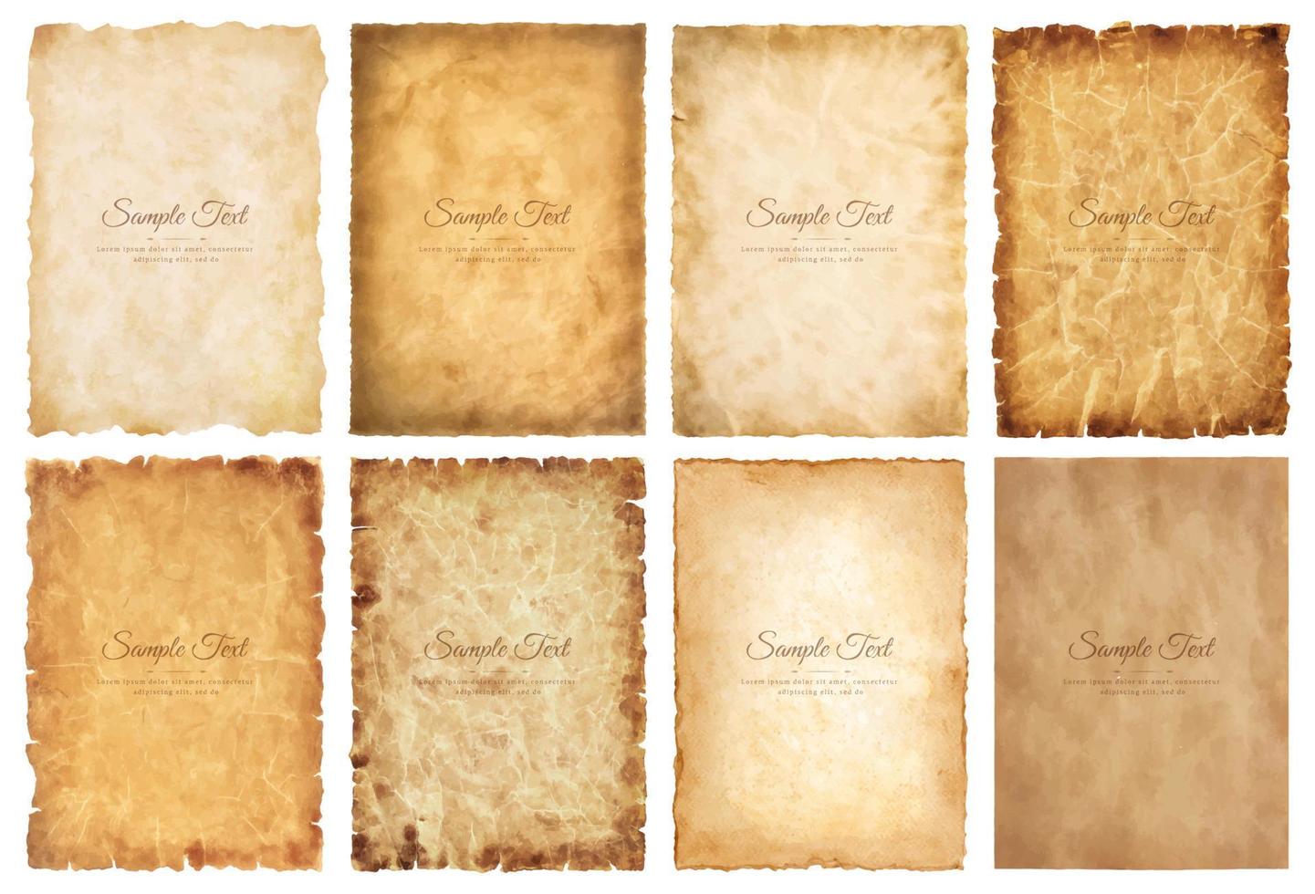 Vector collection set old parchment paper sheet vintage aged or texture isolated on white background