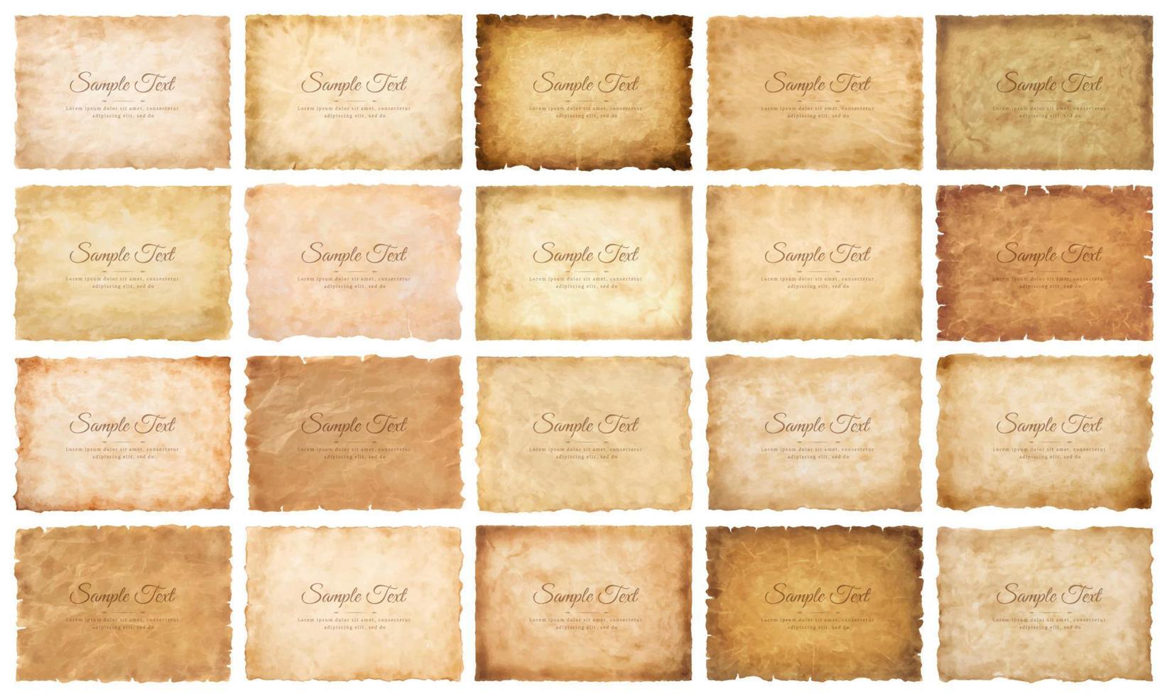 Vector collection set old parchment paper sheet vintage aged or texture isolated on white background