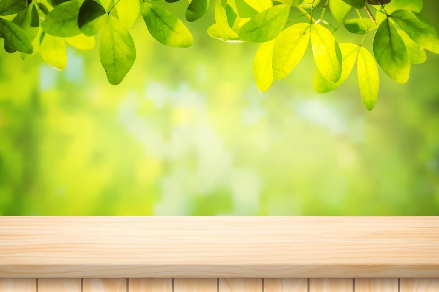 Painted Illustration Vector Wood table floor and beautiful natural green leaf abstract blurred bokeh light background