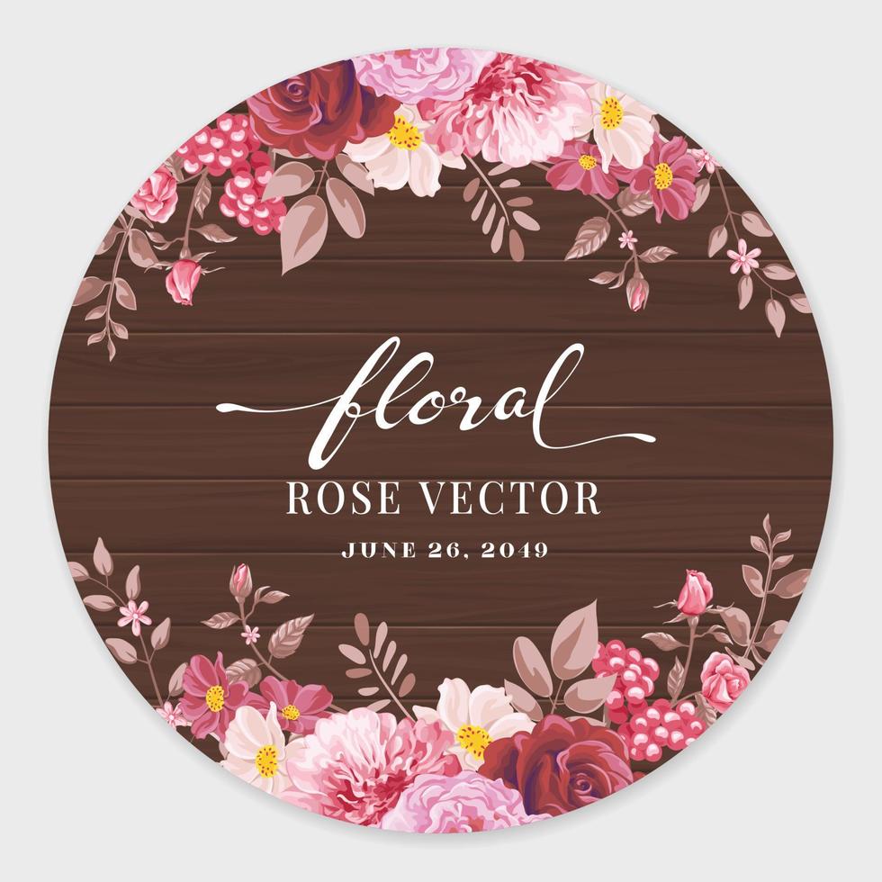hermosa rosa flor y hoja botánica en madera etiqueta círculo digital pintado ilustración para amor boda día de san valentín o arreglo invitación diseño tarjeta de felicitación vector