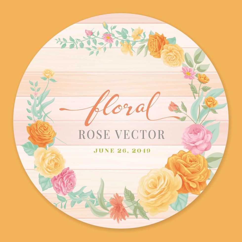 Rose Flower and botanical leaf on wood label circle digital painted illustration vector