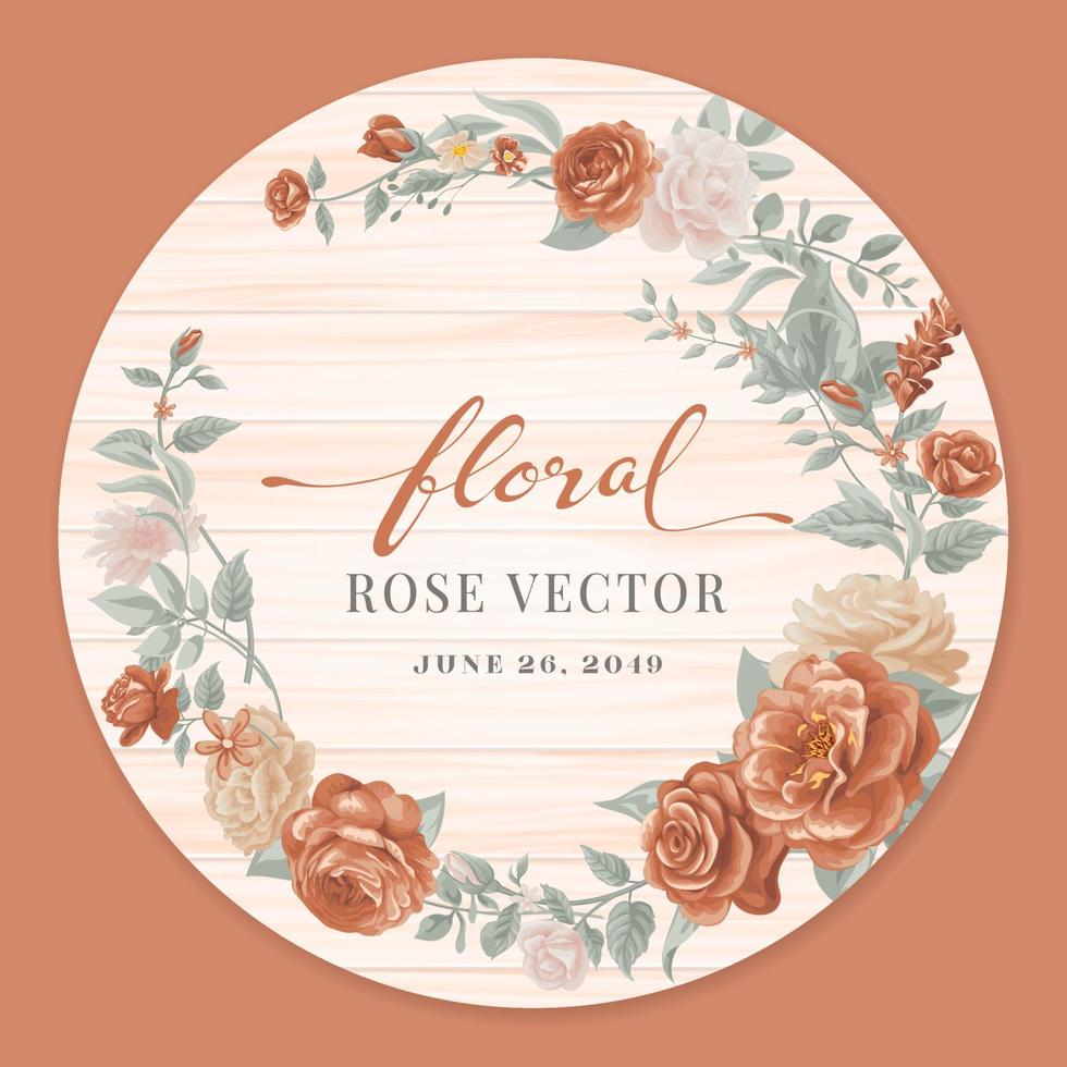 Rose Flower and botanical leaf on wood label circle digital painted illustration vector