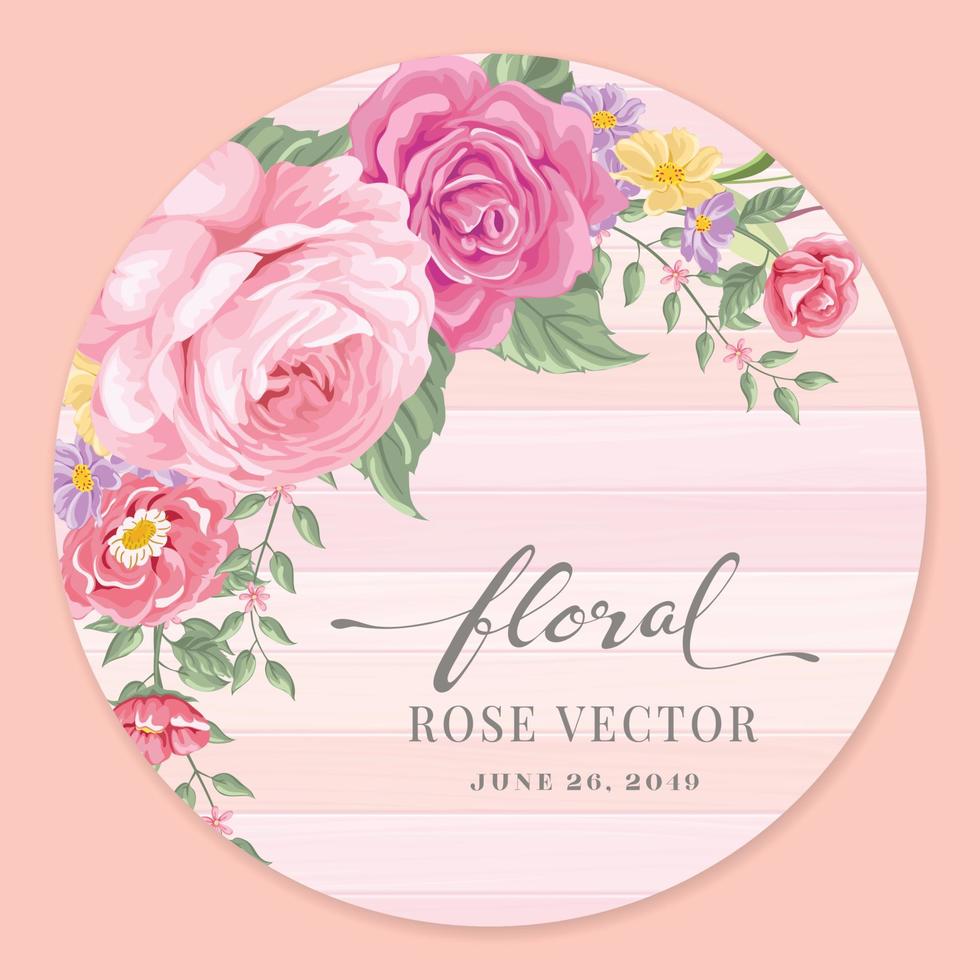 Beautiful Rose Flower and botanical leaf on wood label circle digital painted illustration for love wedding valentines day or arrangement invitation design greeting card vector