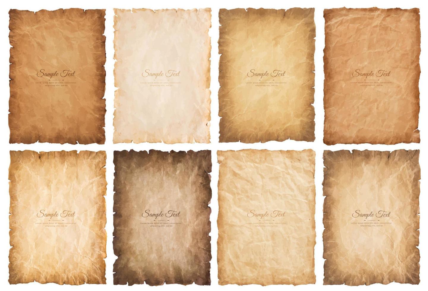 collection set old parchment paper sheet vintage aged or texture isolated on white background. vector