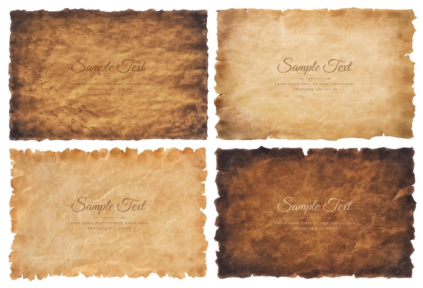 Vector collection set old parchment paper sheet vintage aged or texture isolated on white background