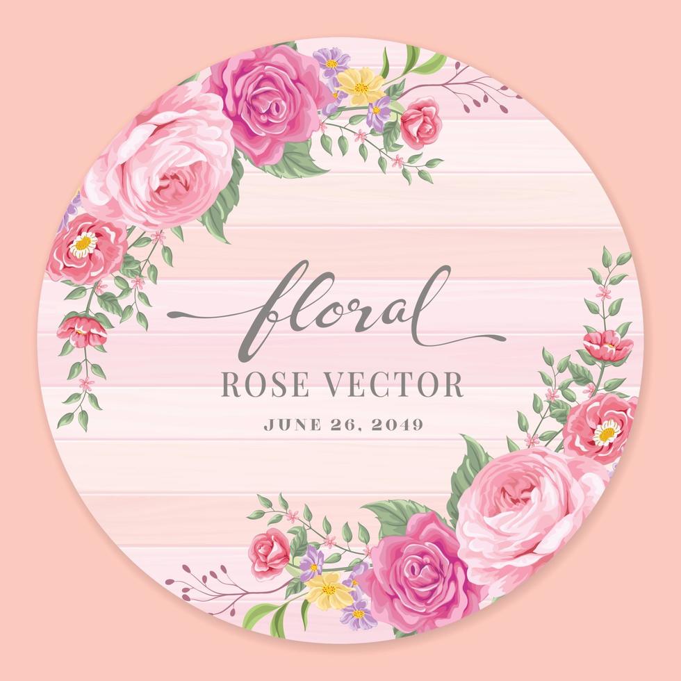 Beautiful Rose Flower and botanical leaf on wood label circle digital