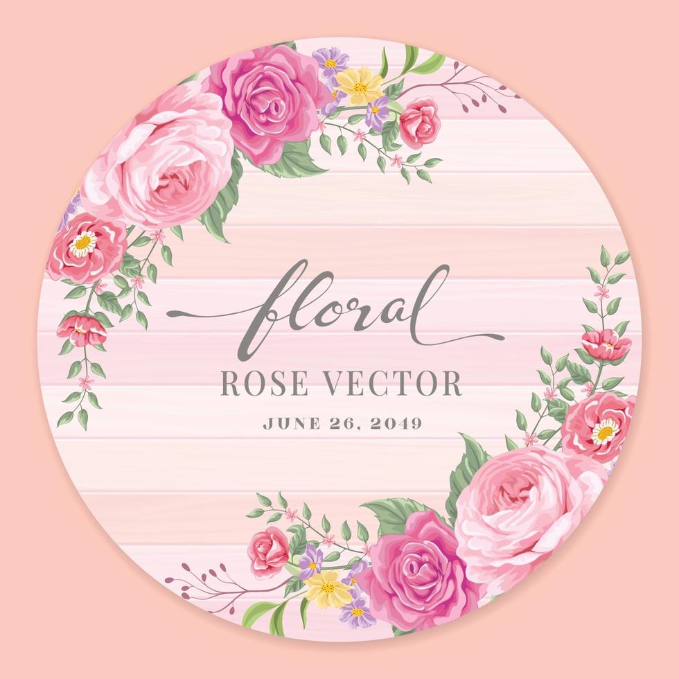 Beautiful Rose Flower and botanical leaf on wood label circle digital painted illustration for love wedding valentines day or arrangement invitation design greeting card vector