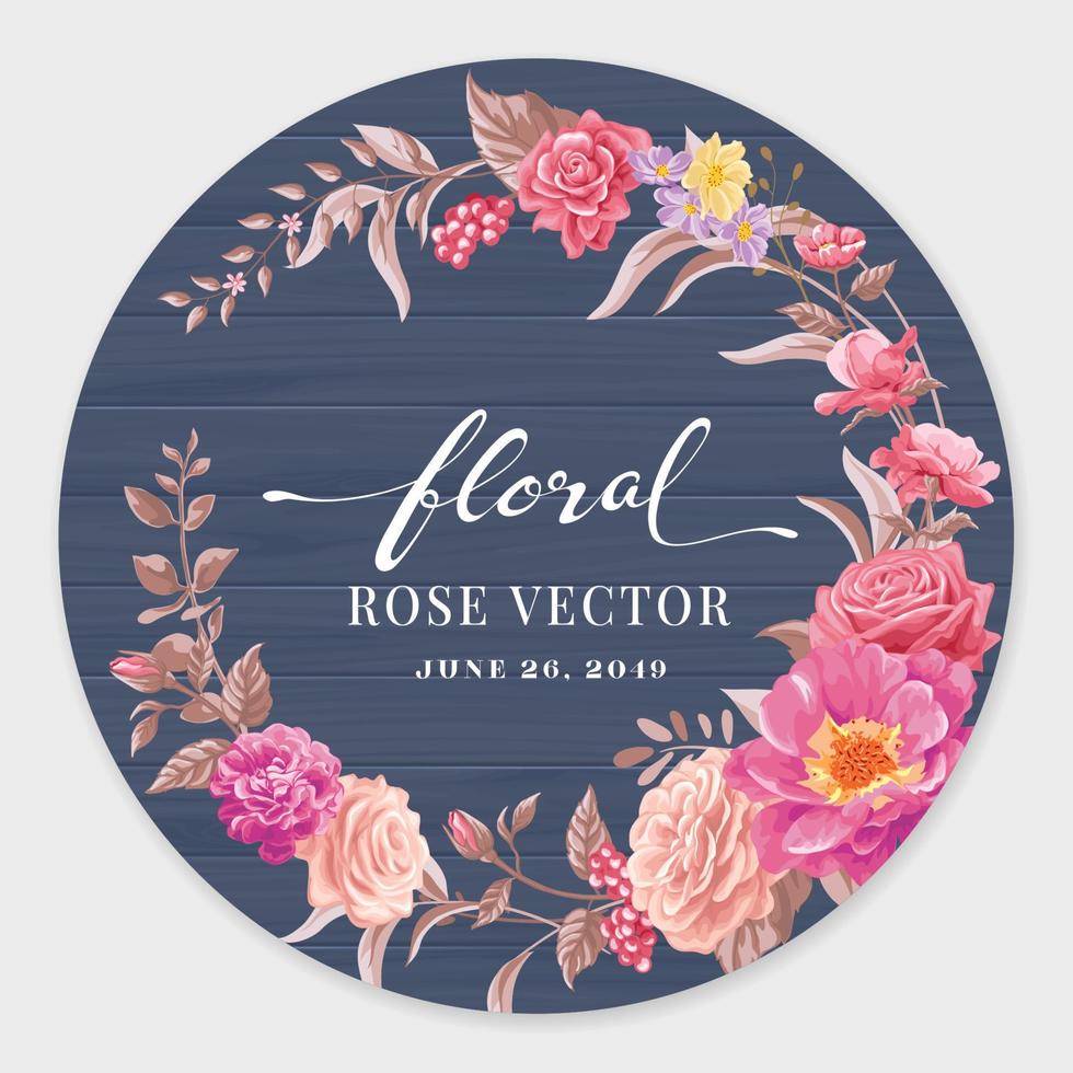 Beautiful Rose Flower and botanical leaf on wood label circle digital painted illustration for love wedding valentines day or arrangement invitation design greeting card vector
