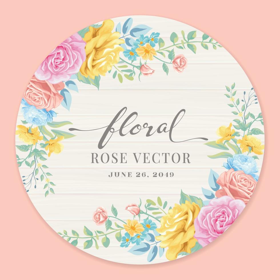 Beautiful Rose Flower and botanical leaf on wood label circle digital painted illustration for love wedding valentines day or arrangement invitation design greeting card vector