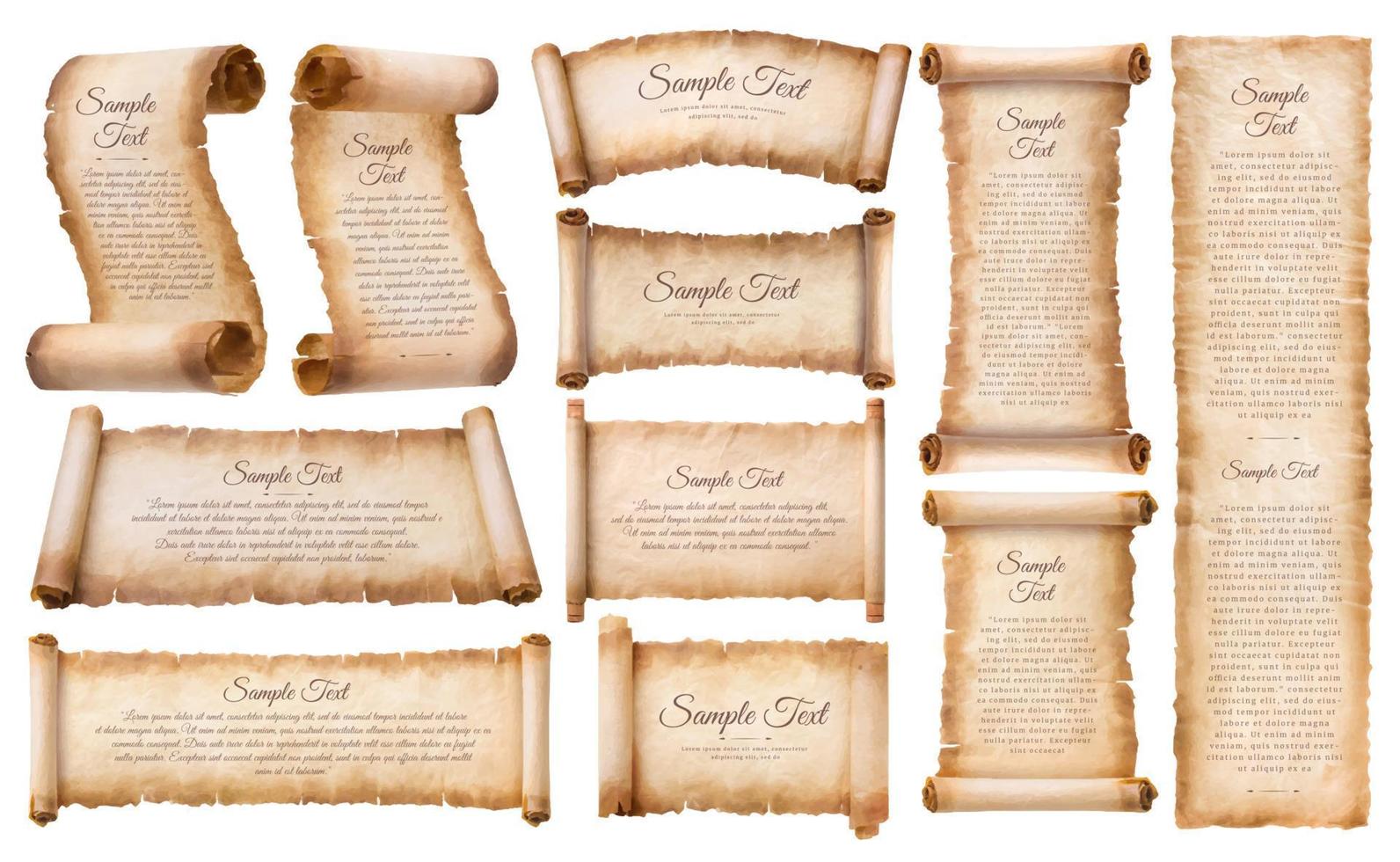 collection set old parchment paper scroll sheet vintage aged or texture isolated on white background vector