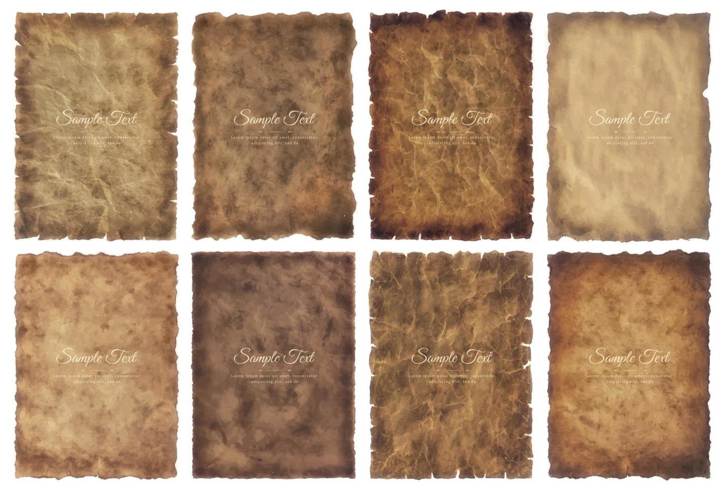 Vector collection set old parchment paper sheet vintage aged or texture isolated on white background