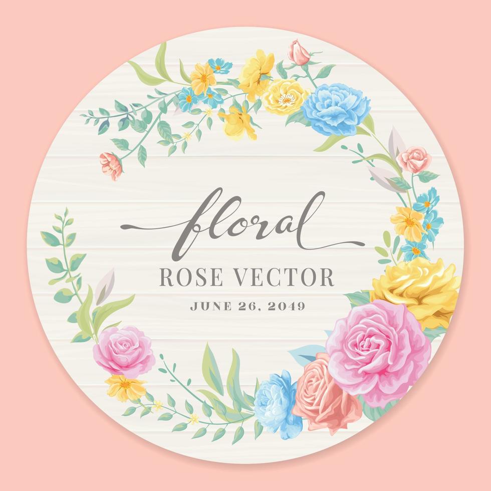 Beautiful Rose Flower and botanical leaf on wood label circle digital painted illustration for love wedding valentines day or arrangement invitation design greeting card vector