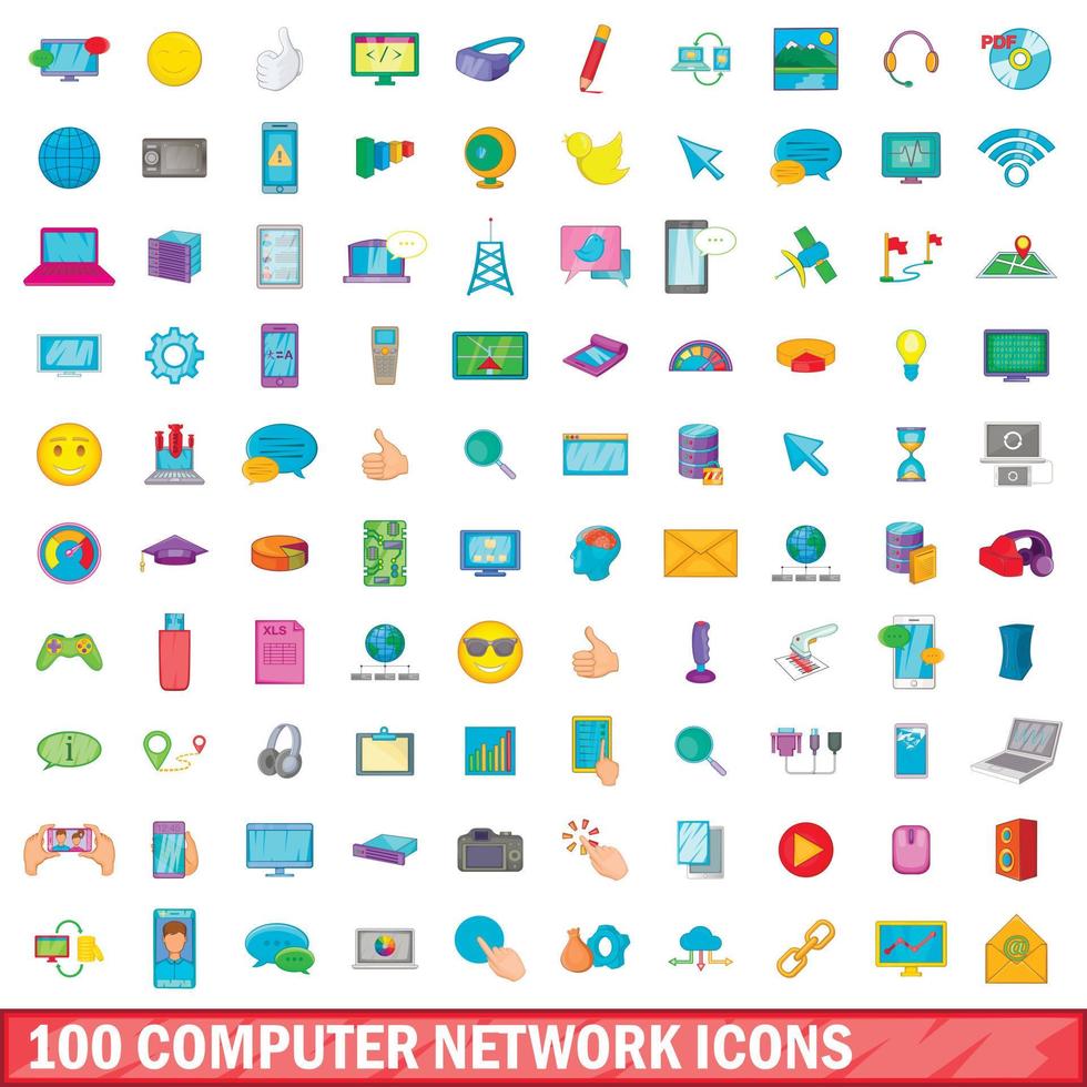 100 computer network icons set, cartoon style vector