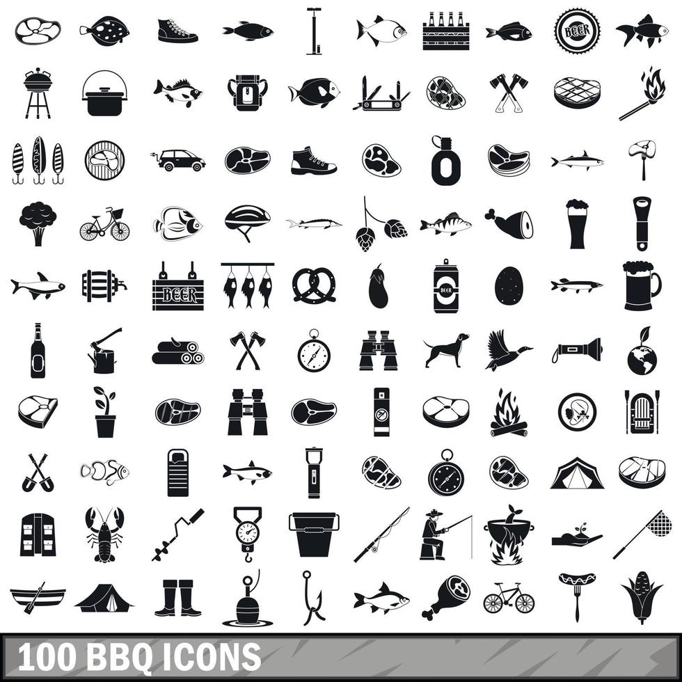 100 BBQ icons set, simple style vector