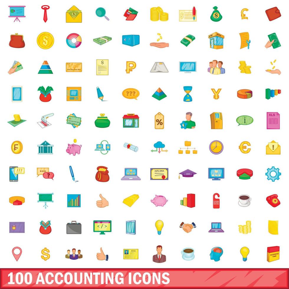100 accounting icons set, cartoon style vector