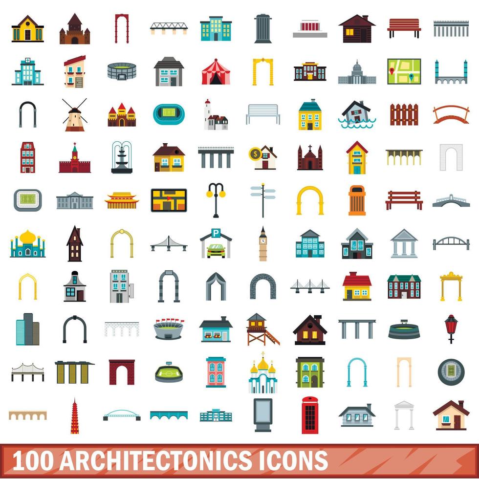 100 architectonics icons set, flat style vector
