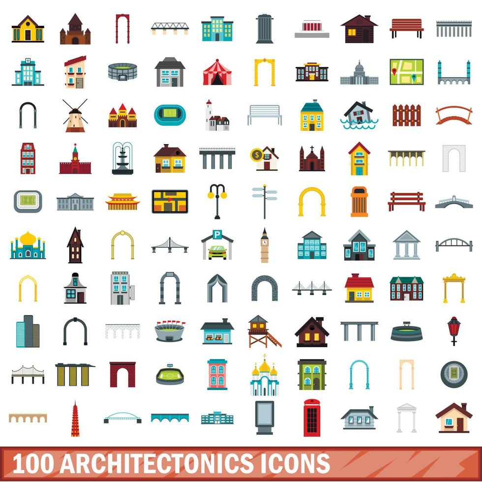 100 architectonics icons set, flat style vector