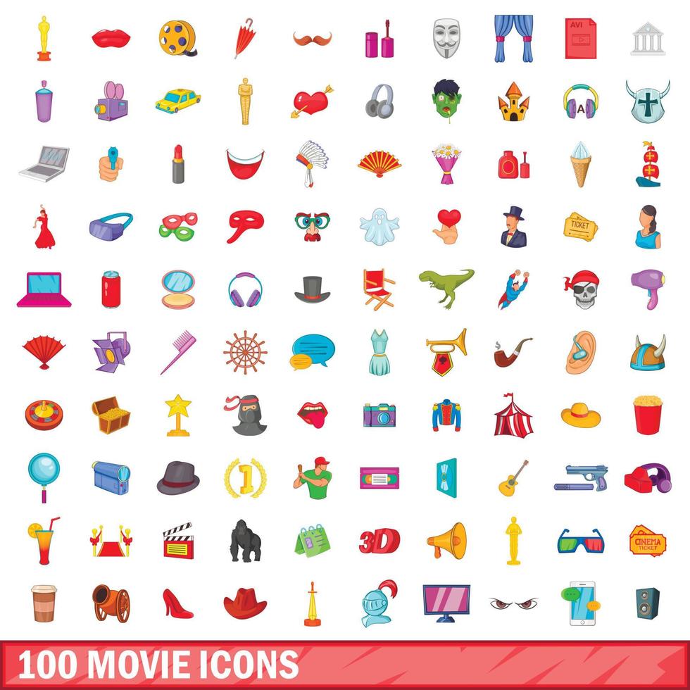 100 movie icons set, cartoon style vector