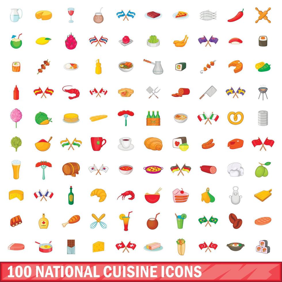 100 national cuisine icons set, cartoon style vector