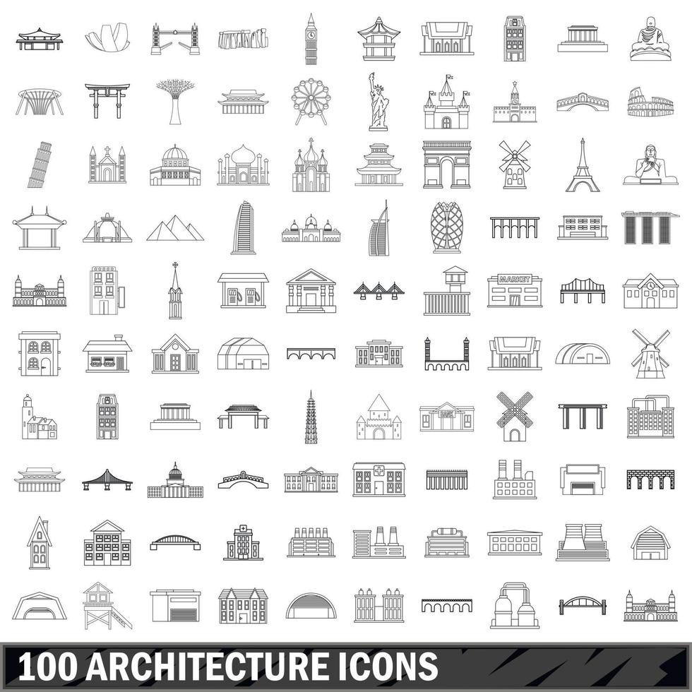 100 architecture icons set, outline style vector