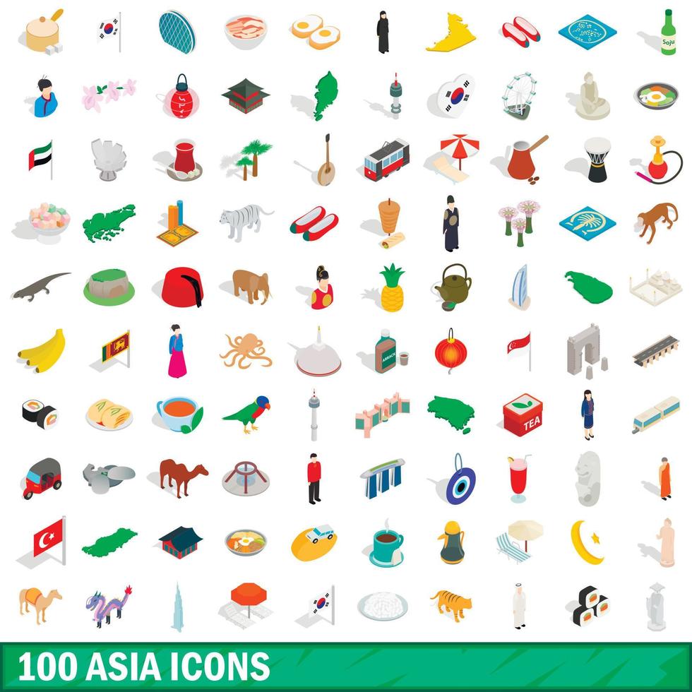 100 asia icons set, isometric 3d style vector