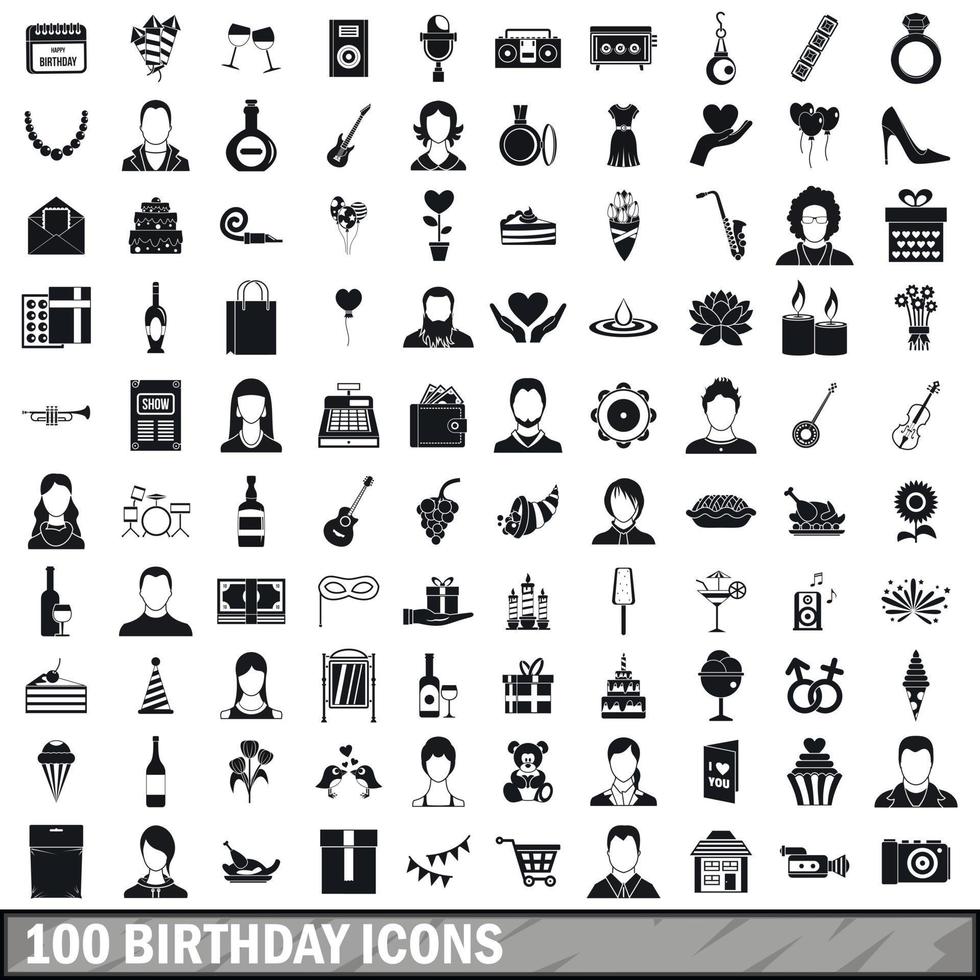 100 birthday icons set, simple style vector