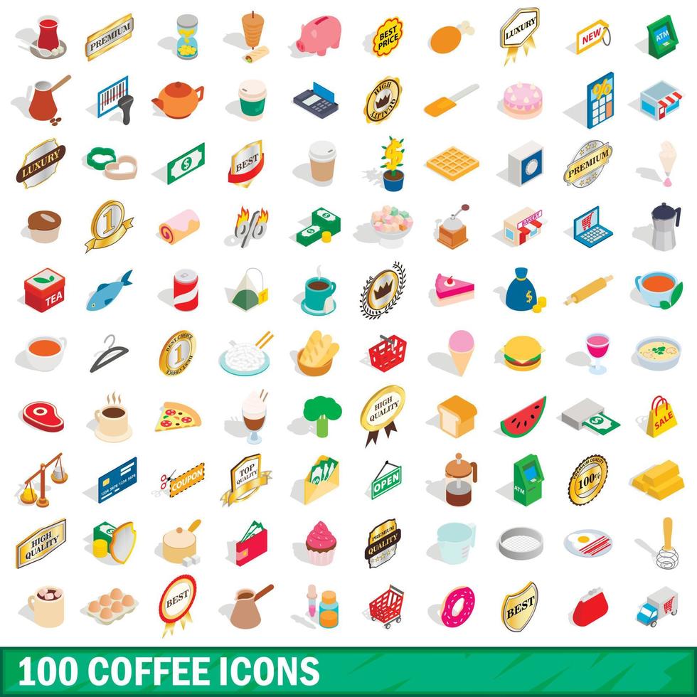 100 coffee icons set, isometric 3d style vector