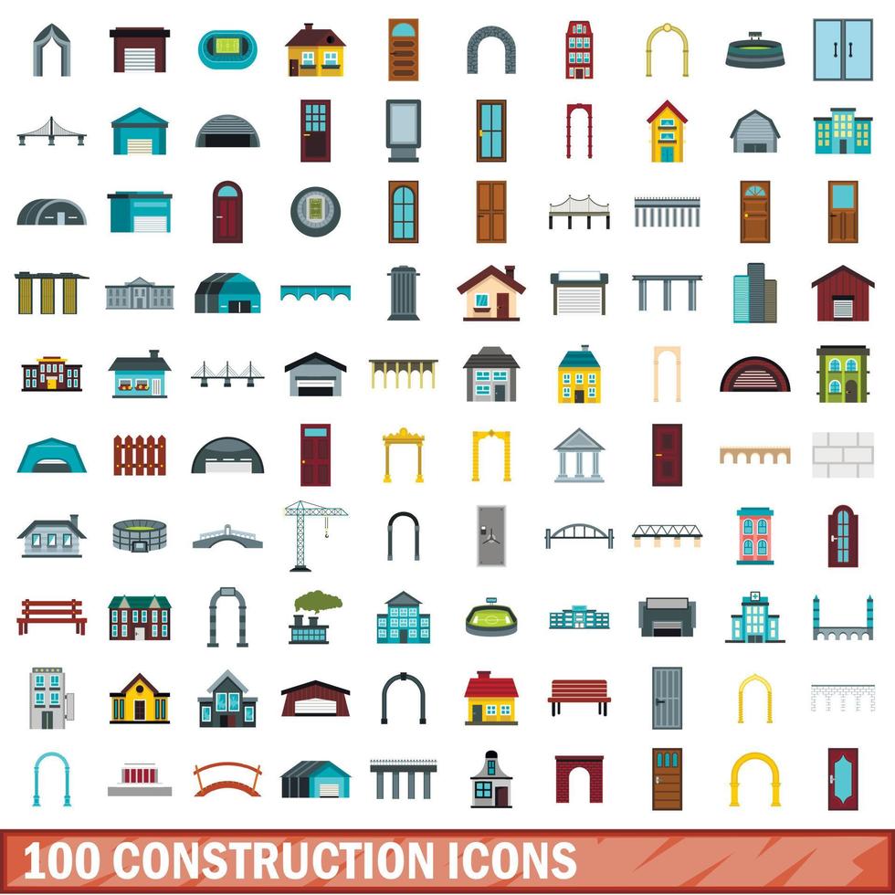 100 iconos de construcción, estilo plano vector