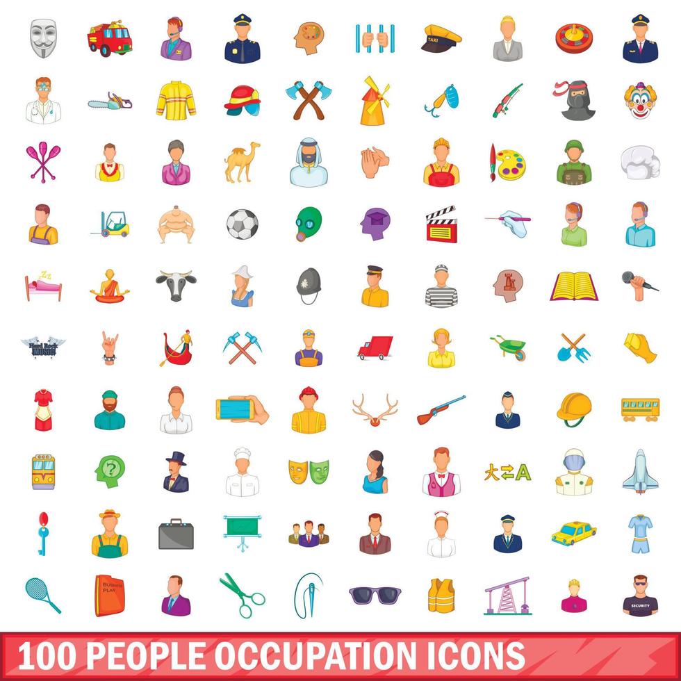 100 personas ocupación, conjunto de iconos de estilo de dibujos animados vector