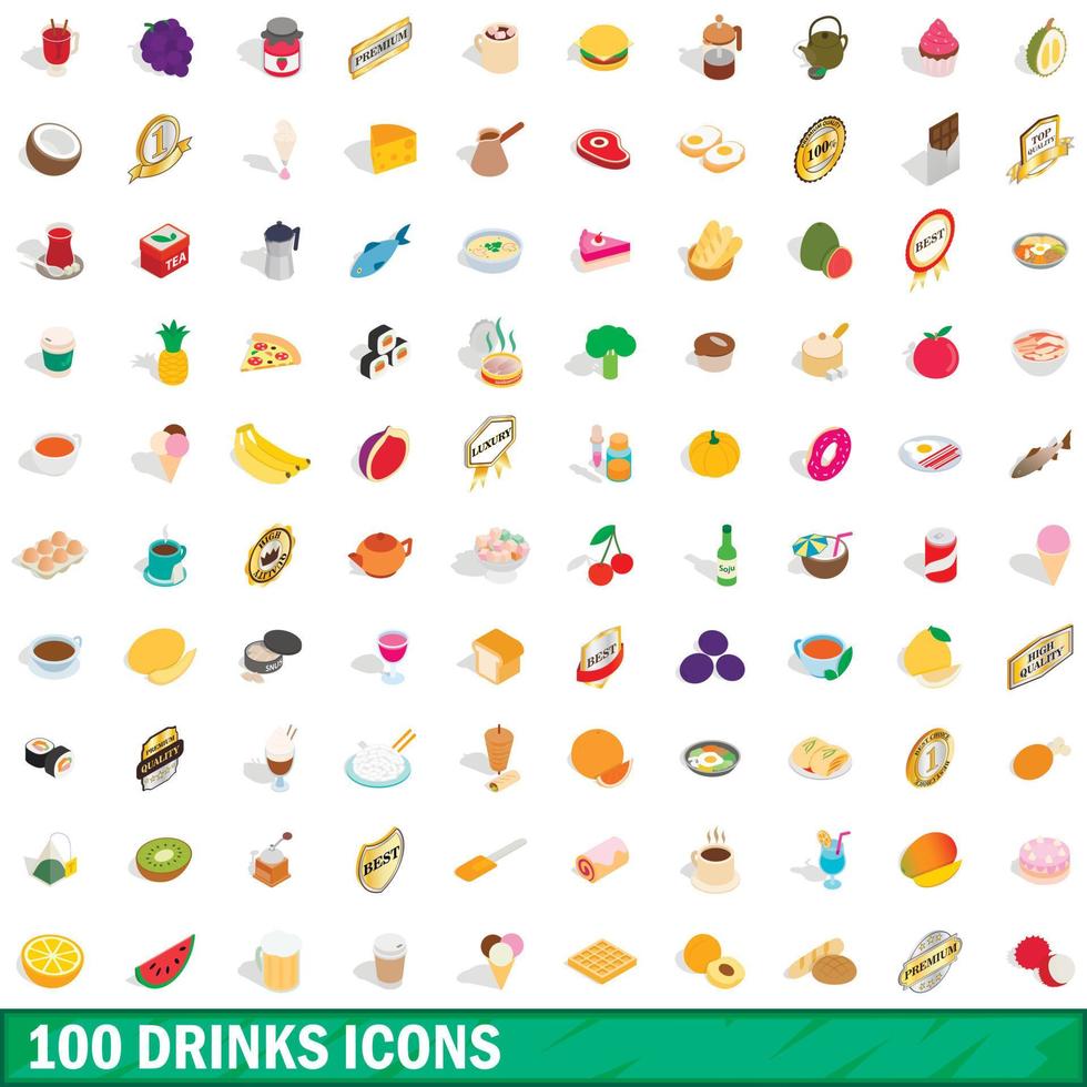 100 drinks icons set, isometric 3d style vector