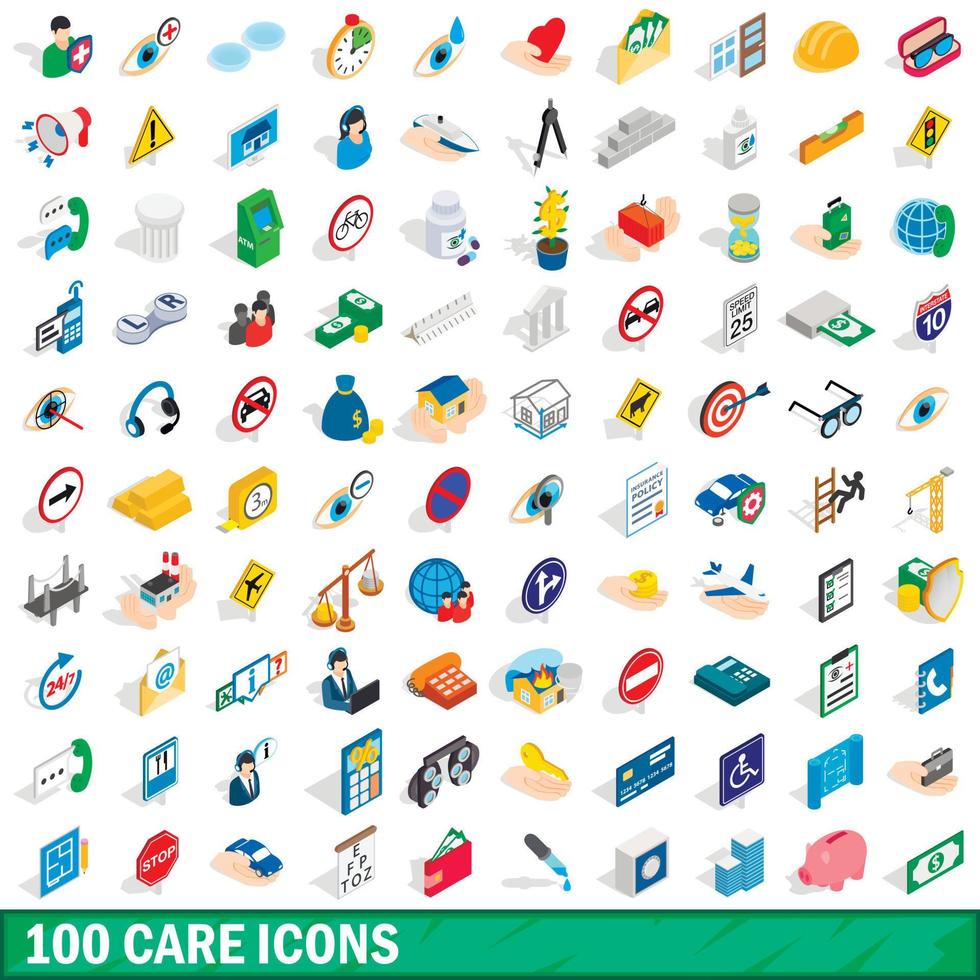100 care icons set, isometric 3d style vector