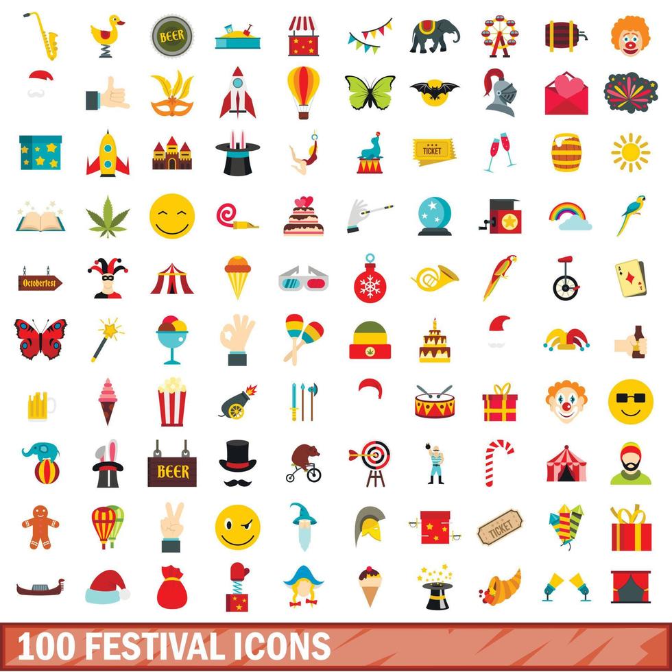 100 iconos de festival, estilo plano vector