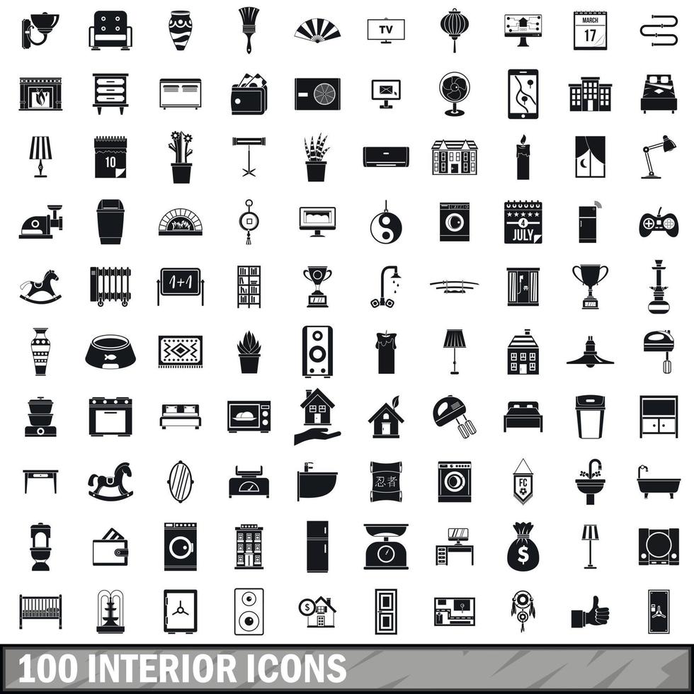 100 iconos interiores, estilo simple vector