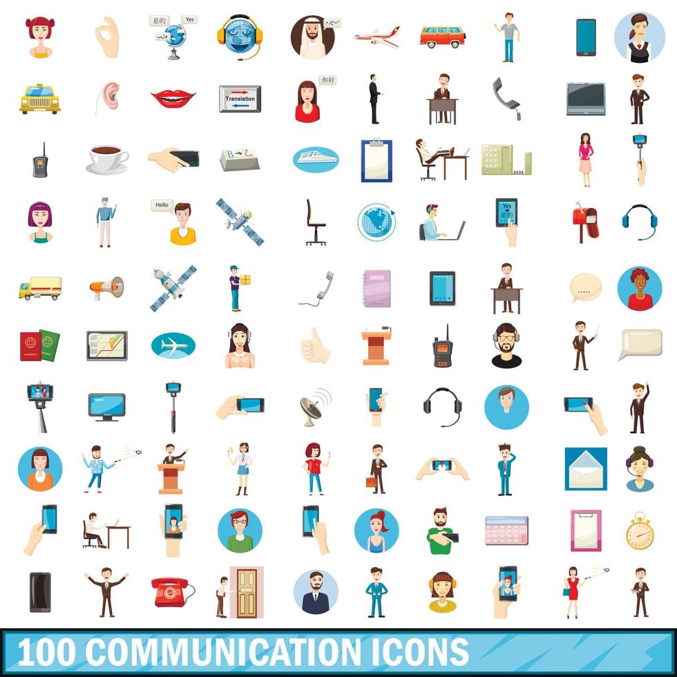 100 communication icons set, cartoon style vector