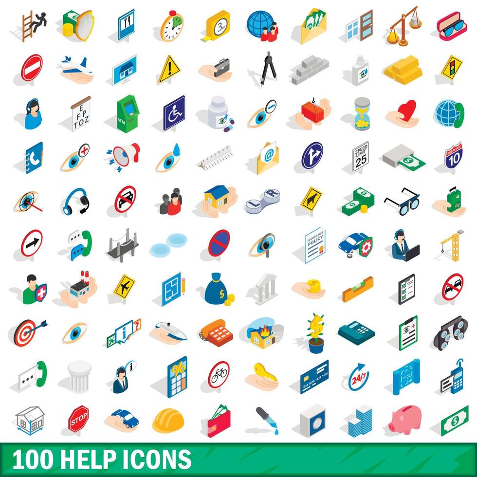 100 help icons set, isometric 3d style vector