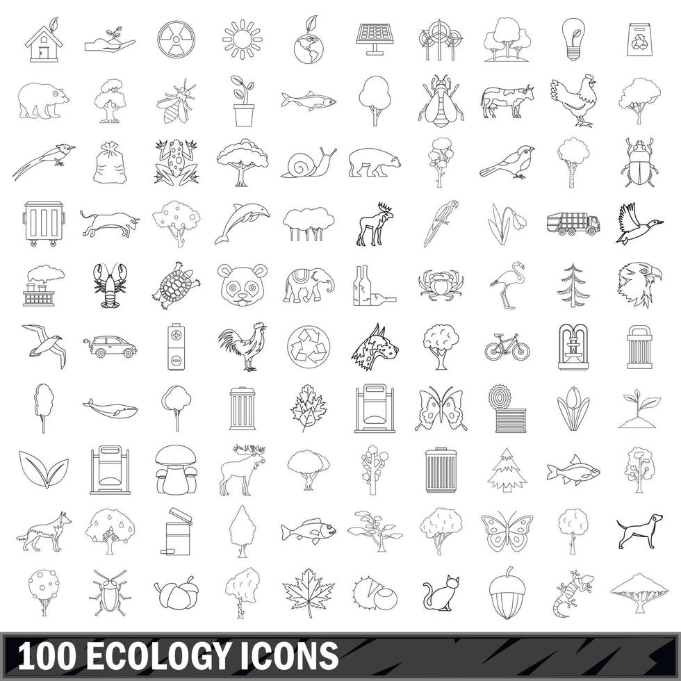 100 iconos de ecología, estilo de esquema vector