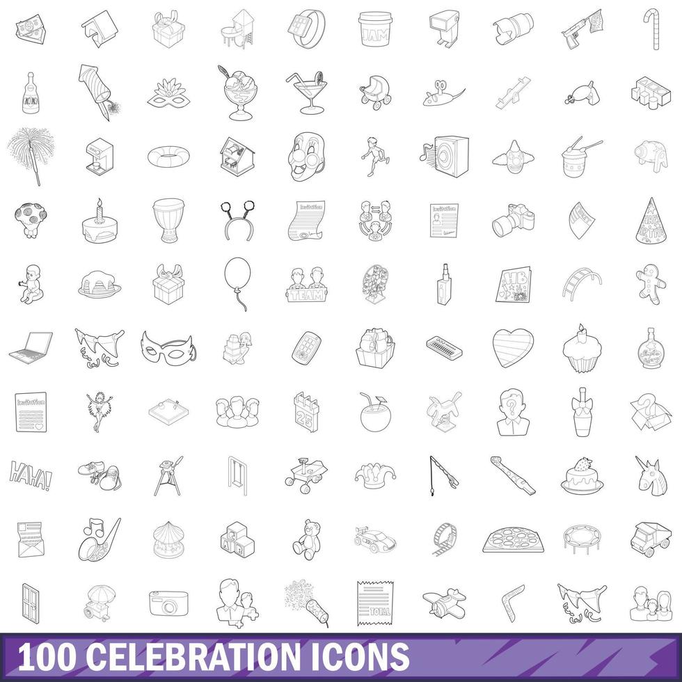 100 celebration icons set, outline style vector