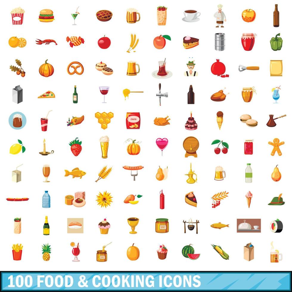 100 food and cooking icons set, cartoon style vector