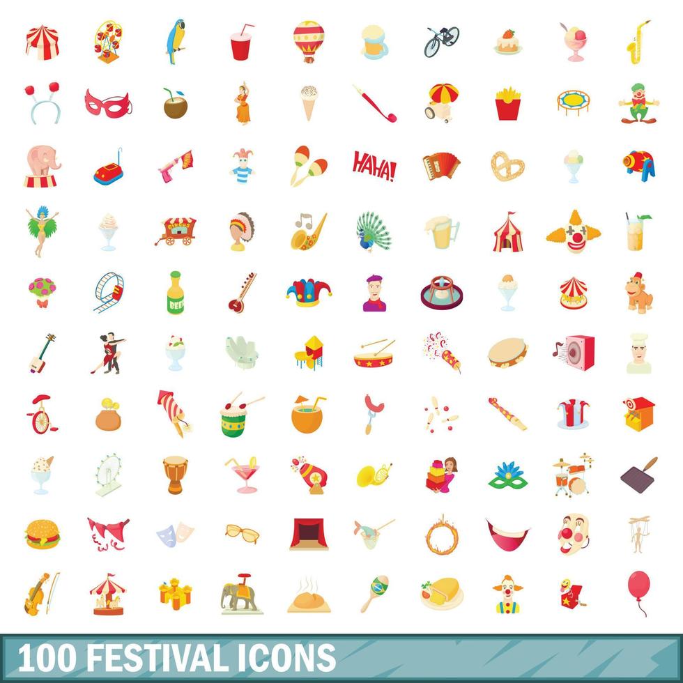 100 festival icons set, cartoon style vector