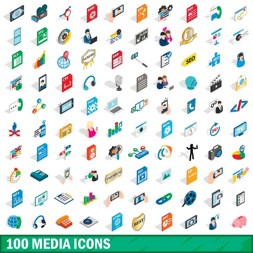 100 media icons set, isometric 3d style vector