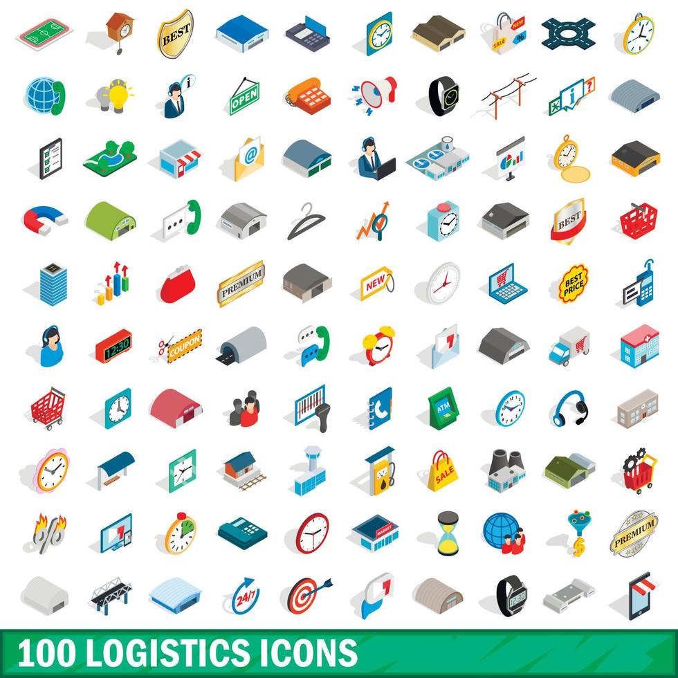 100 logistics icons set, isometric 3d style vector