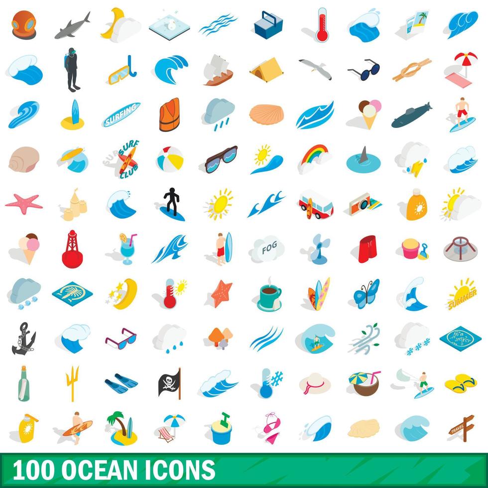 100 ocean icons set, isometric 3d style vector