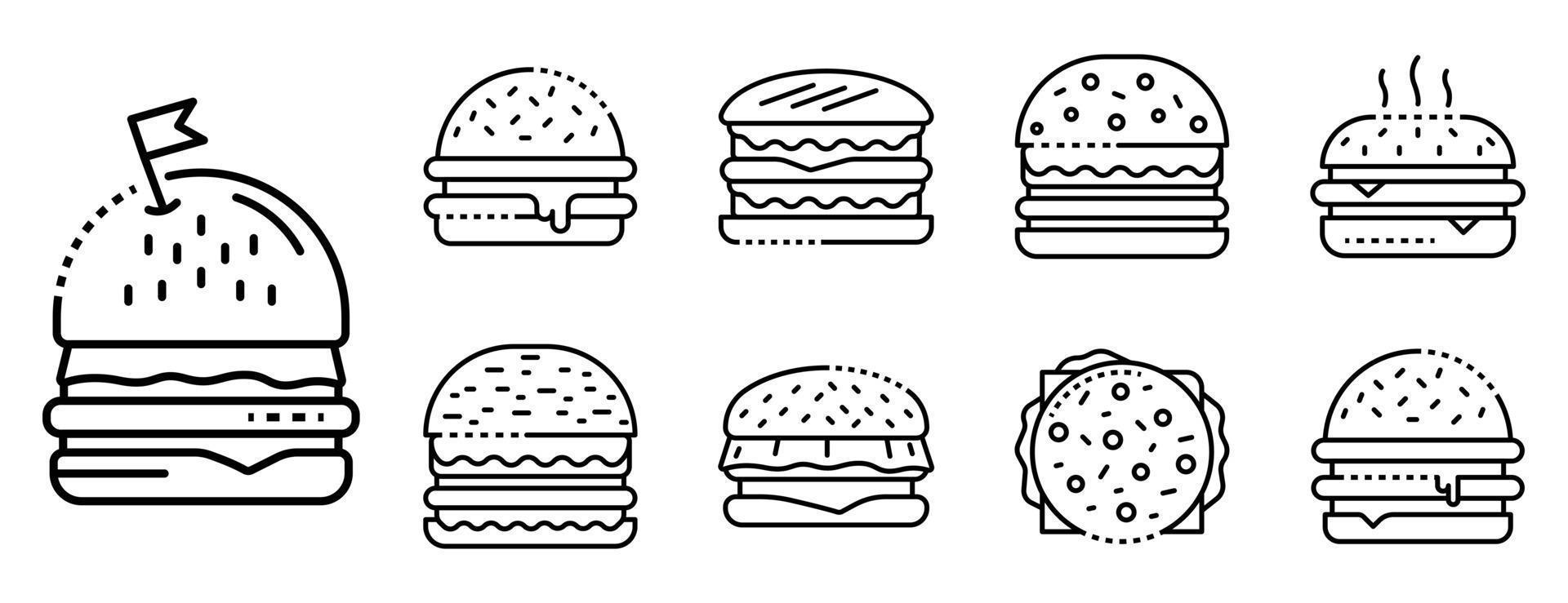 Burger icons set, outline style vector