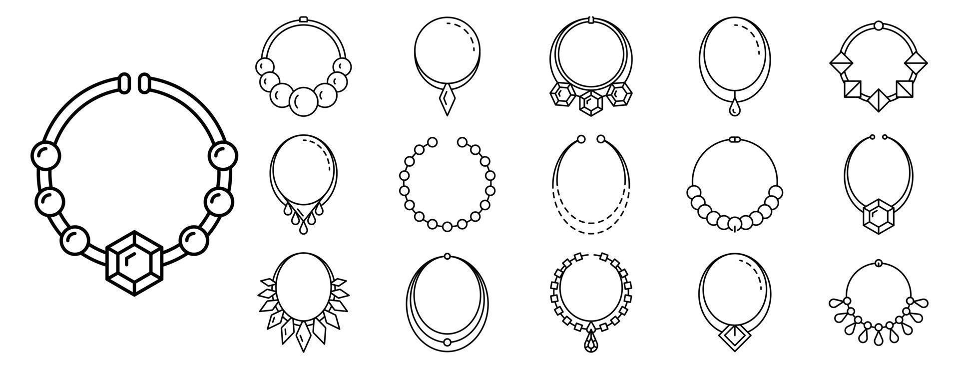 conjunto de iconos de joyas de collar, estilo de esquema vector