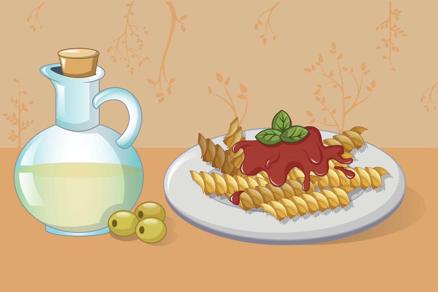 Pasta and olive oil concept background, cartoon style vector