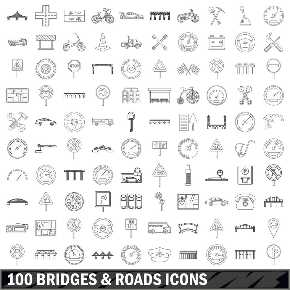 100 bridges and roads icons set, outline style vector